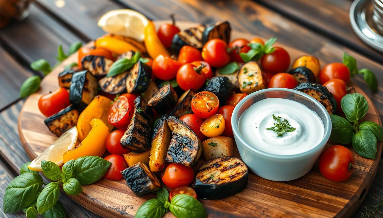 Mediterraner Grillgemüseteller mit Knoblauch-Joghurt-Dip