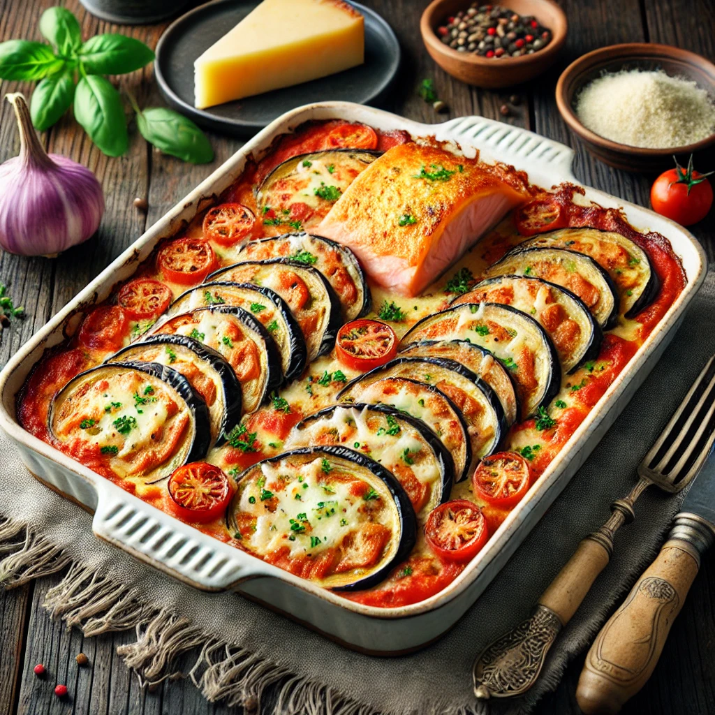 Eggplant and salmon gratin