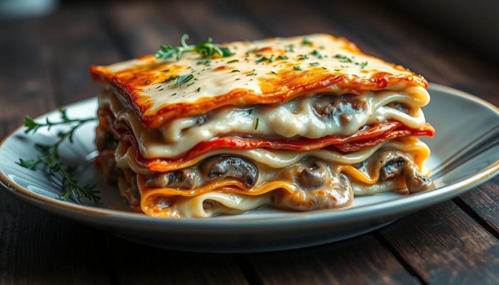 lasagna with mushrooms and Permesan Beshamel